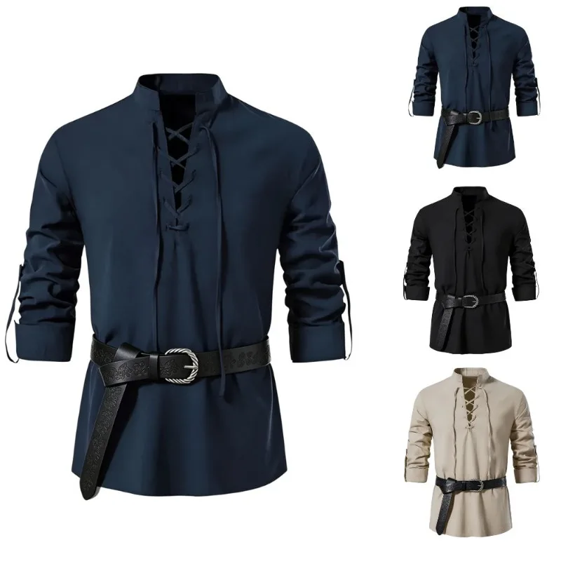 Men Medieval Viking Shirt Stan - Medieval Gothic Lace Up Pirate Shirt 评论和价格